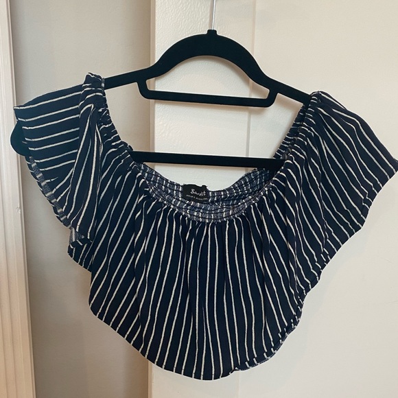 Bardot Navy/White Strip Frill Crop Top - Picture 2 of 4